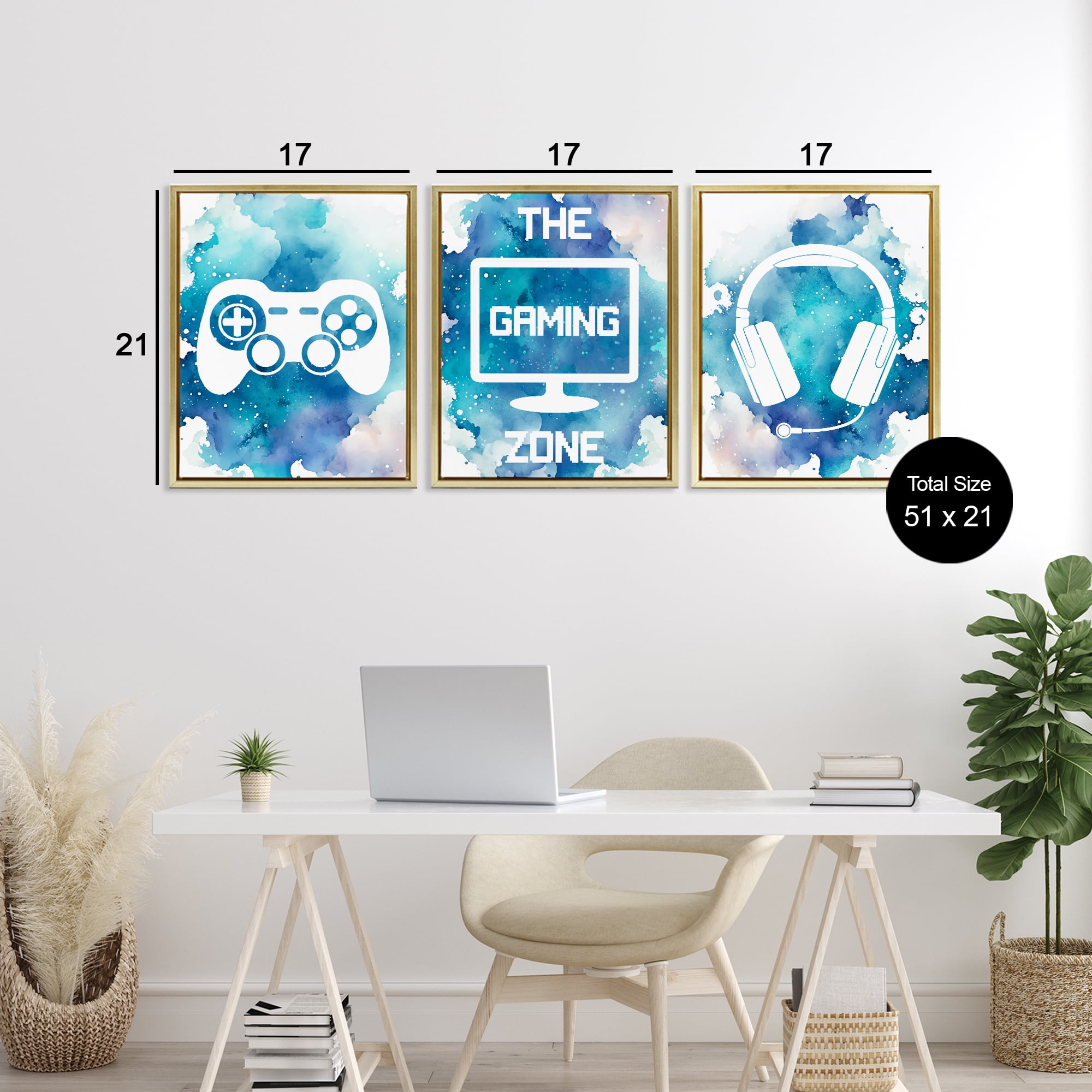 Blue Gamer Splatters 3 Piece Gold Framed Floater Canvas Set, design by Marcus Prime