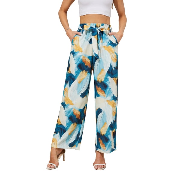Baywell Women’s Floral Print Palazzo Pants, Elastic Waist with Tie Trousers Casual Loose Wide Leg Pants with Pockets S-XXL