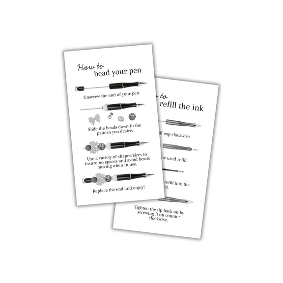 How To Bead Your Pen with Focal Beads and Refill the Ink Instruction Cards Cards 50pk 2x3.5 For DIY Beadable Pen Crafters Sellers Packaging