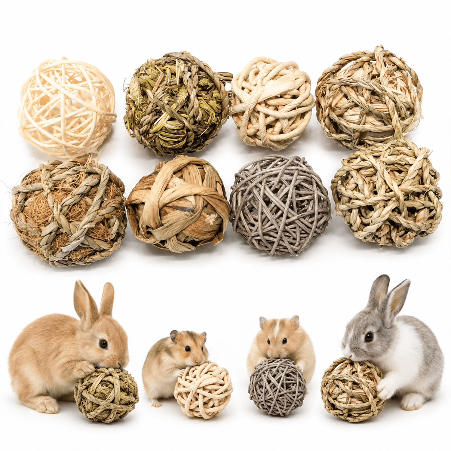 WLGJL Bunny Chew Grass Balls, Rolling Chew Toys for Small Animals, Natural Chew Grass Toys and Bunny Treats for Rabbits, Guinea Pigs, Chinchillas, Hamsters, Mice Teeth Grinding (8 Pcs)