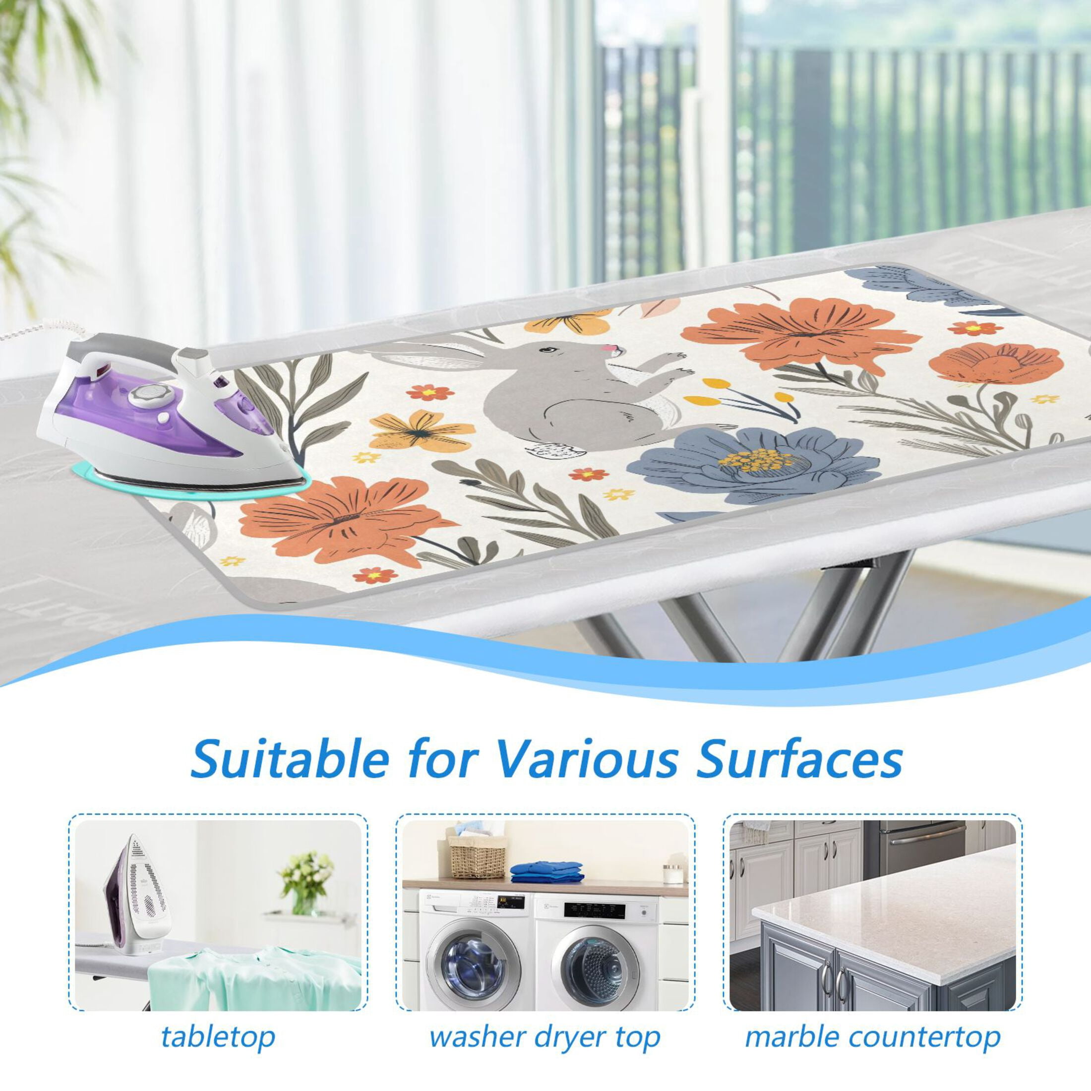 Colorful Flowers and Lovely Rabbits Ironing Mat Blanket Portable Travel Ironing Pad Heat Resistant Pad 47.2" x 27.6”