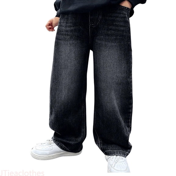 JTieaclothes Boys Baggy Jeans Elastic Waist Pull On Denim Pants Classic Straight Wide Leg Jeans for Kids,Boys Pants Sizes 13-14 Years
