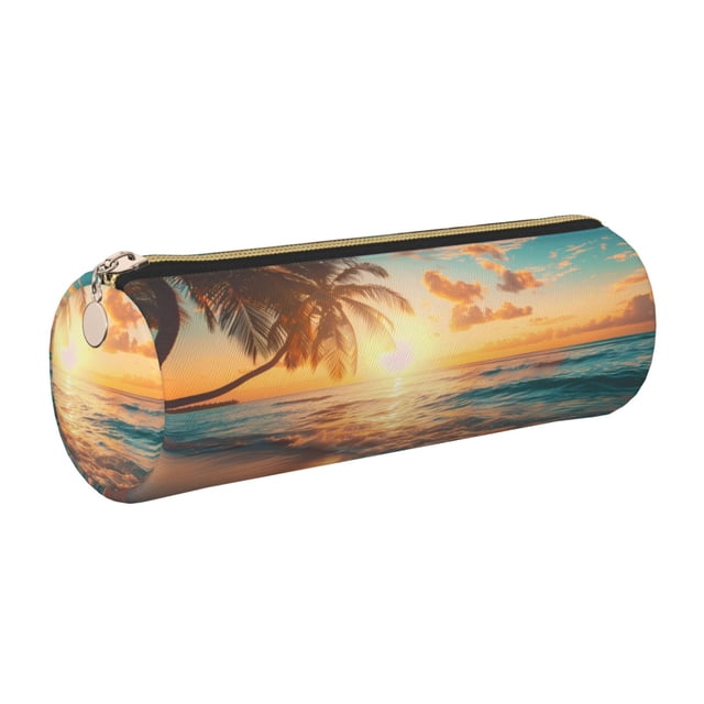 Easygdp Tropical Sunset Beach Scene para Estuche de Lápices Cilíndrico de Cuero con Cremallera, Organizador de Lápices de Cuero para Escuela, Oficina y Viajes