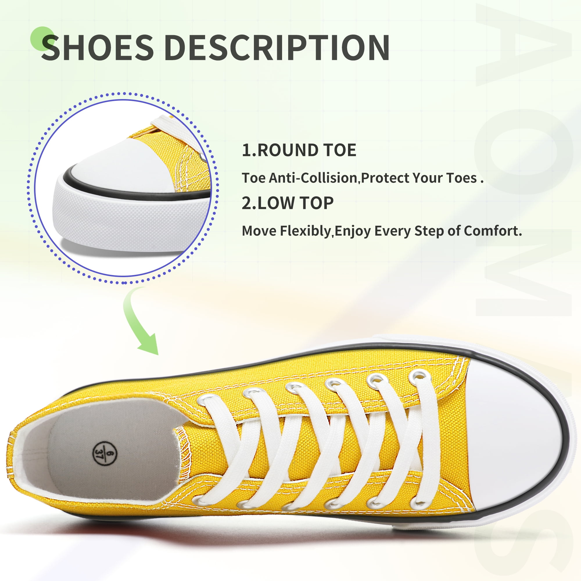AOMAIS Womens Canvas Fashion Sneakers Classic Low Top Fabric Shoes Casual Walking Canvas Flats Cute Lace Up Tennis Shoes for Lady(Yellow US8)