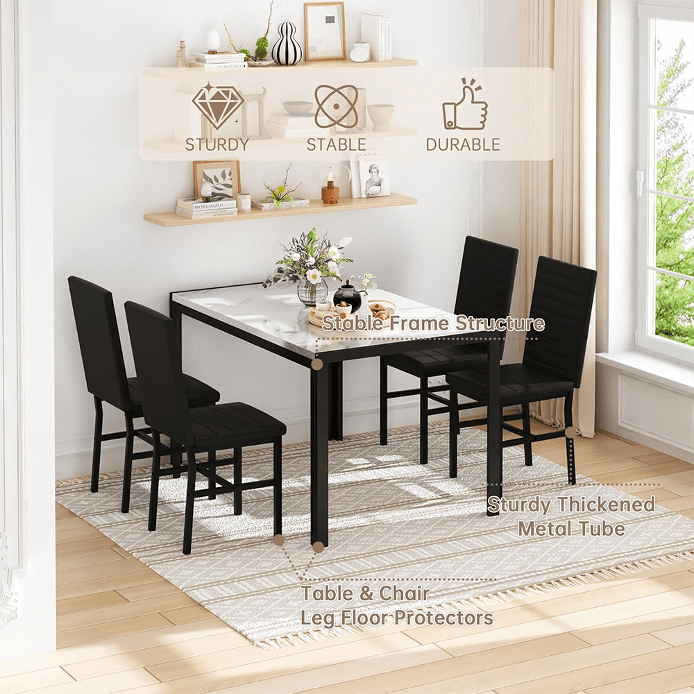 LinkRomat Dining Table Set for 4, Faux Marble Kitchen Table & 4 Black Upholstered Chairs, Modern Dinner Table Set for Dining Room, Small Spaces