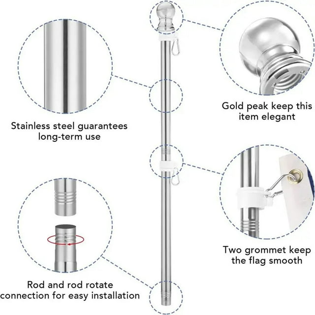 Leodye 1PCS Flag Pole Kit, Upgraded 5 FT Tangle Free Flag Poles Rotating Rings , Stainless Steel Wall Mounted Flagpoles for Outside House, Outdoor Porch