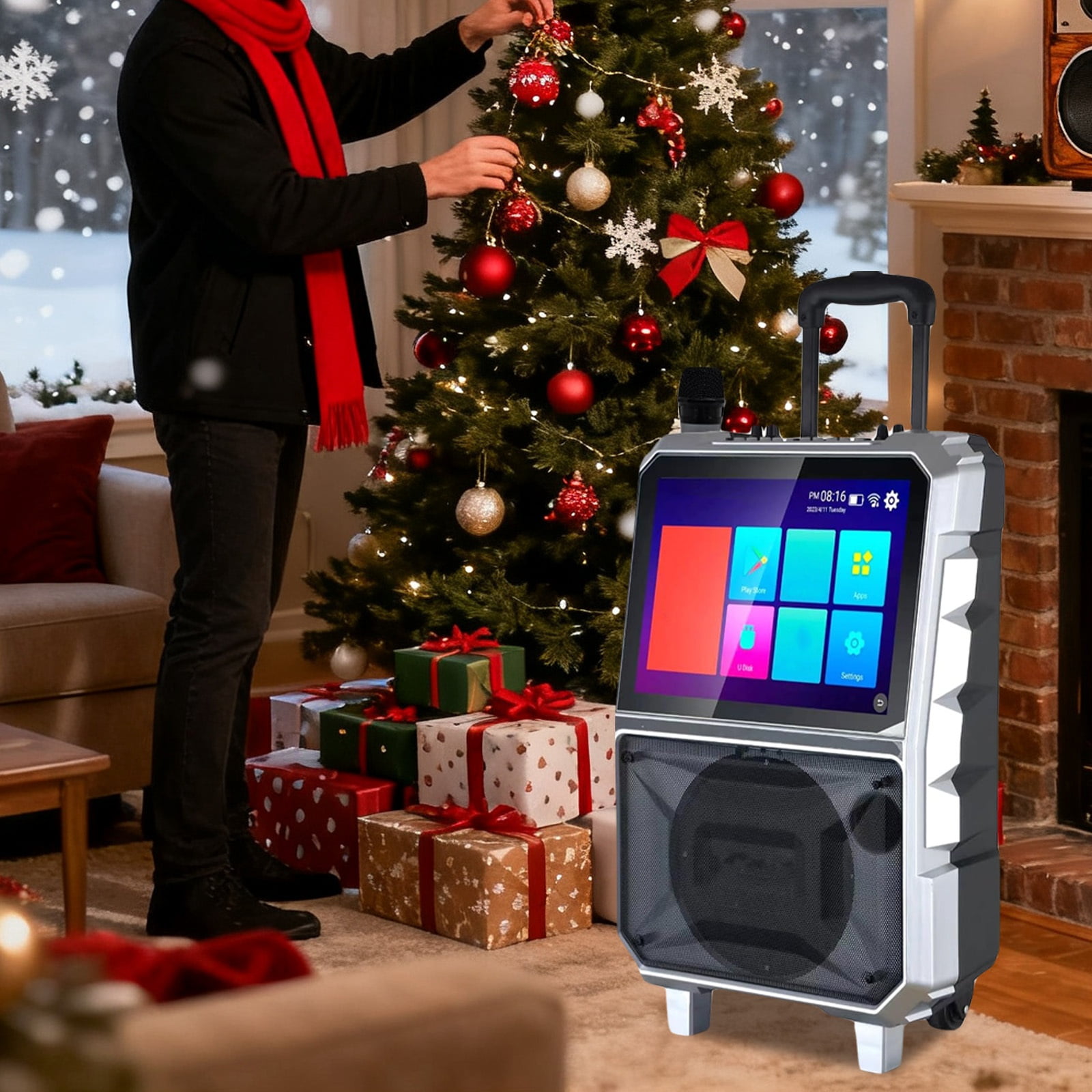 Lohoms Portable Karaoke Machine with Lyrics Display Screen, 8" Subwoofer, Built-in Tablet, Rechargeable Wireless Speaker with One Mics & DJ Lights, Gift for Adults, Family & Holiday Parties