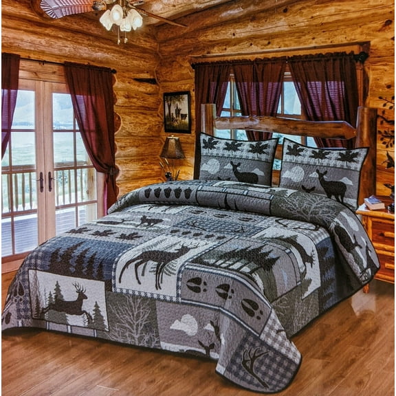 De Leon Collections 62205 Deer Run Patchwork Quilt Quilted Bedding Set, Multi Color - Queen Size Quilt & 2 Standard Shams