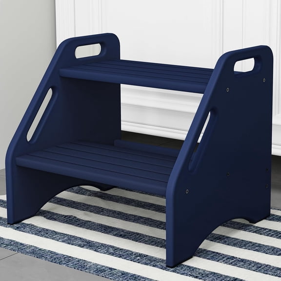 Wooden Step Stool, Two Step Stools Toddler 300 lbs Capacity with Safety Non-Slip Pads and Handles, Bamboo Step Stool for Bathroom, Kitchen Dual Height Step Stools for Kids (Navy Blue)