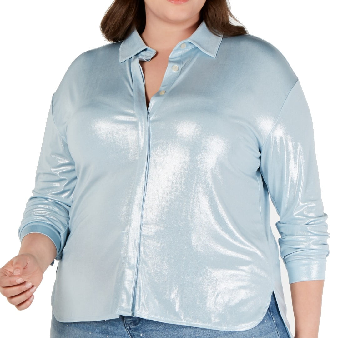 Women's Blouse Blue Plus Button Down 