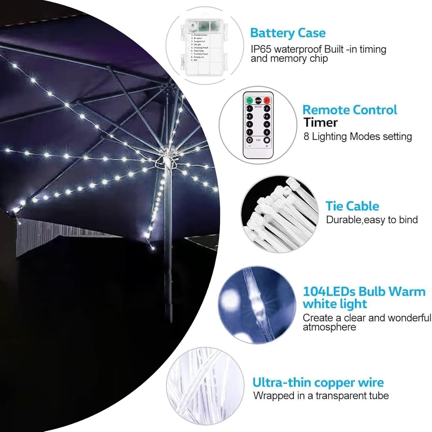 Global Phoenix Patio Umbrella Lights 8 Lighting Mode Waterproof Parasol