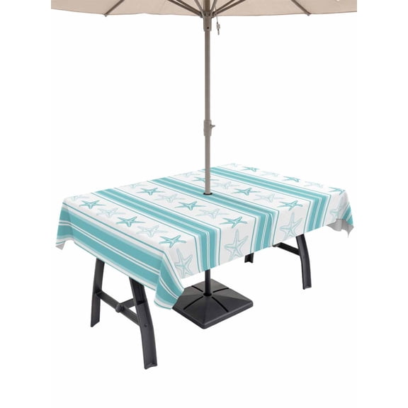 Outdoor Tablecloth with Umbrella Hole for Patio/Picnic/Party/Camping, Aqua Coastal Striped Waterproof Table Cloth Rectangle Table Cover Washable, Modern Nautical Thin Stripes (60"x 102")