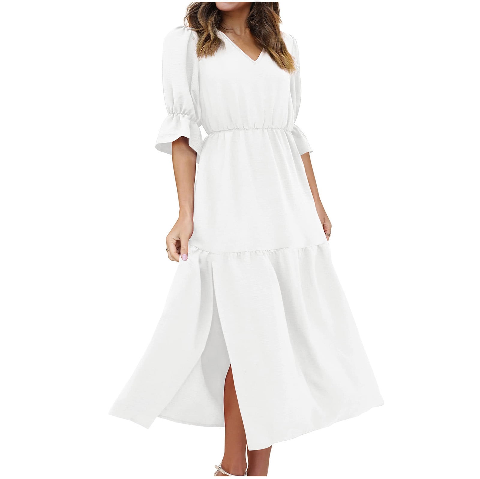 Dasayo Casual Dresses for Women Plus Size White Elbow-Length Sleeve Formal  Faux-Wrap Dress Ankle Length V Neck Solid Dresses XXL - Walmart.com