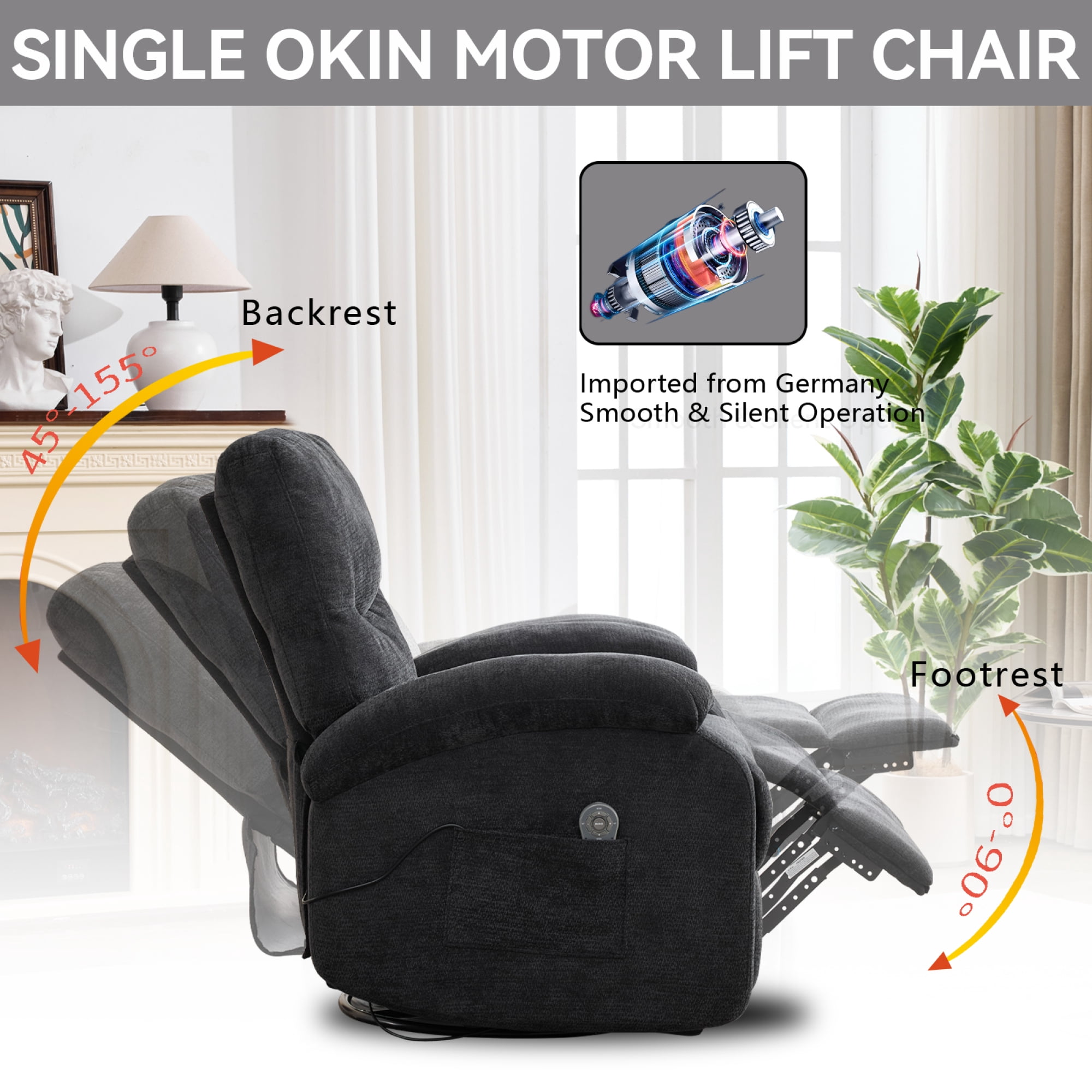 Leumius Swivel Recliner Chair for Elderly,360° Swivel Rocker Recliners with Heat and Massage,Single Rocker Sofa Nursery Glider with Cup Holder and Side Pockets,Black