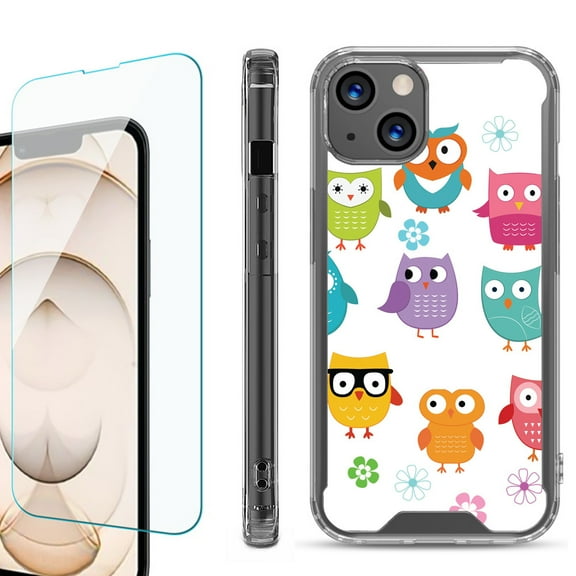 Shockproof Bumper Phone Case for iPhone 13, with Tempered Glass Screen Protector, by OneToughShield ® - Happy Owl