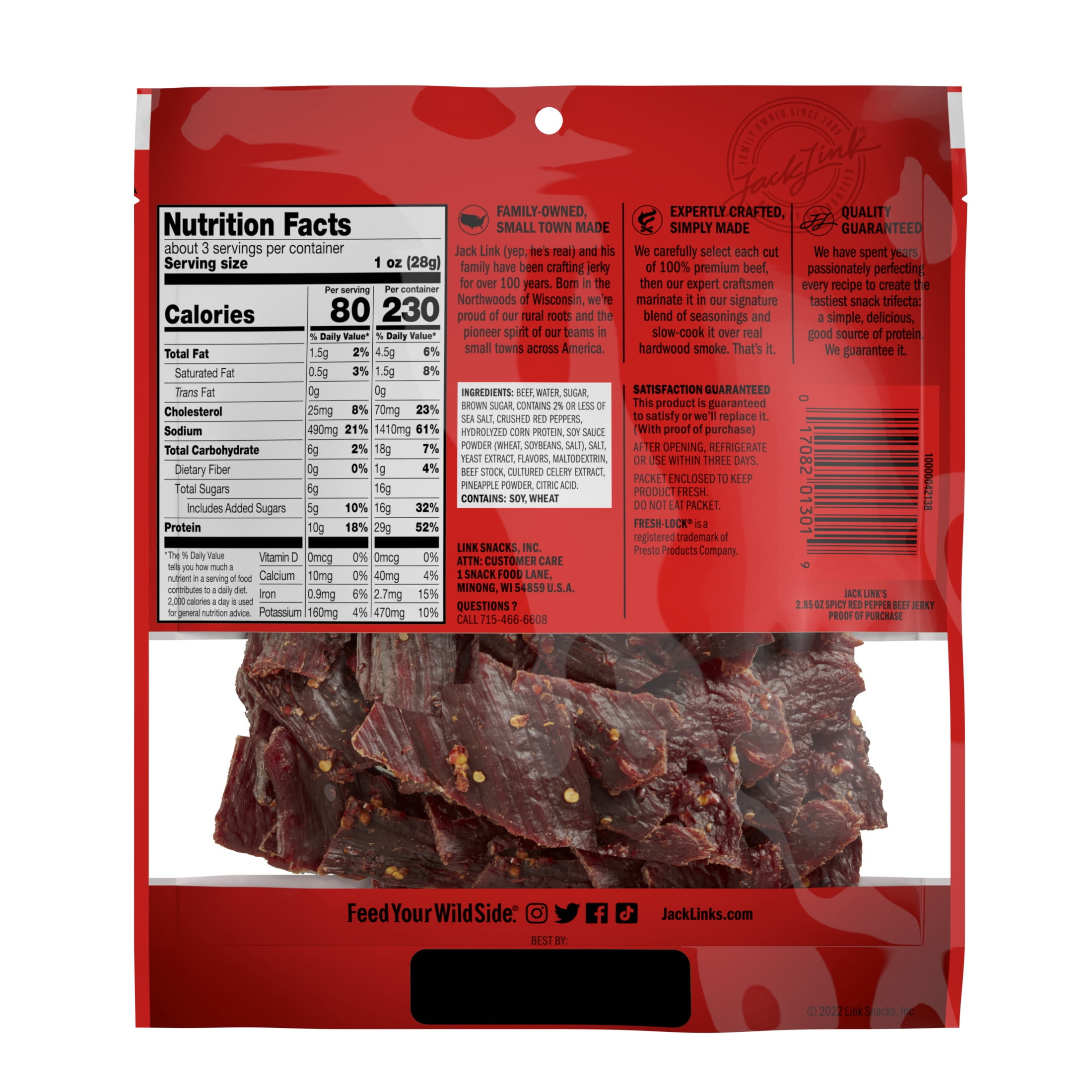 Jack Link’s Beef Jerky, 100% Beef, Spicy Red Pepper, 10g of Protein Per Serving, 2.85 oz Bag