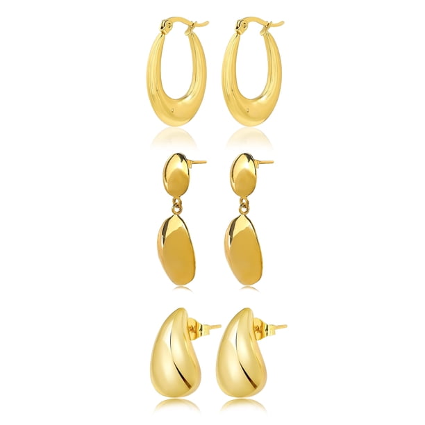 JeenMata Juego de 3 Pares de Pendientes de Moda para Mujer en Baño de Oro Amarillo, Pendientes de Aro, Pendientes Hipoalergénicos Colgantes Gruesos y Livianos, Regalo de Joyería para Mujer