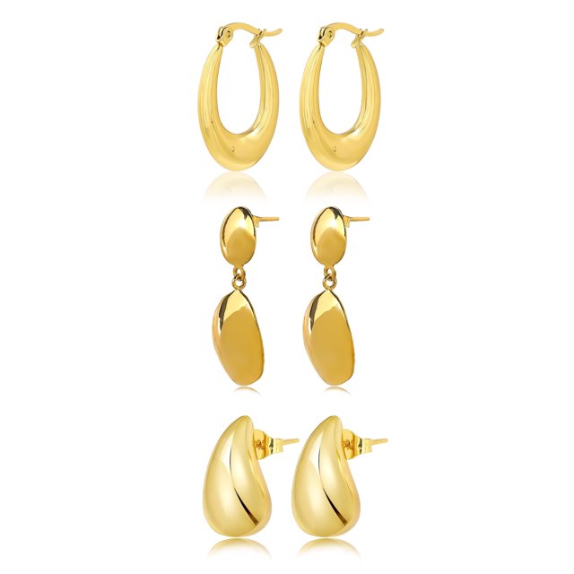 JeenMata Juego de 3 Pares de Pendientes de Moda para Mujer en Baño de Oro Amarillo, Pendientes de Aro, Pendientes Hipoalergénicos Colgantes Gruesos y Livianos, Regalo de Joyería para Mujer