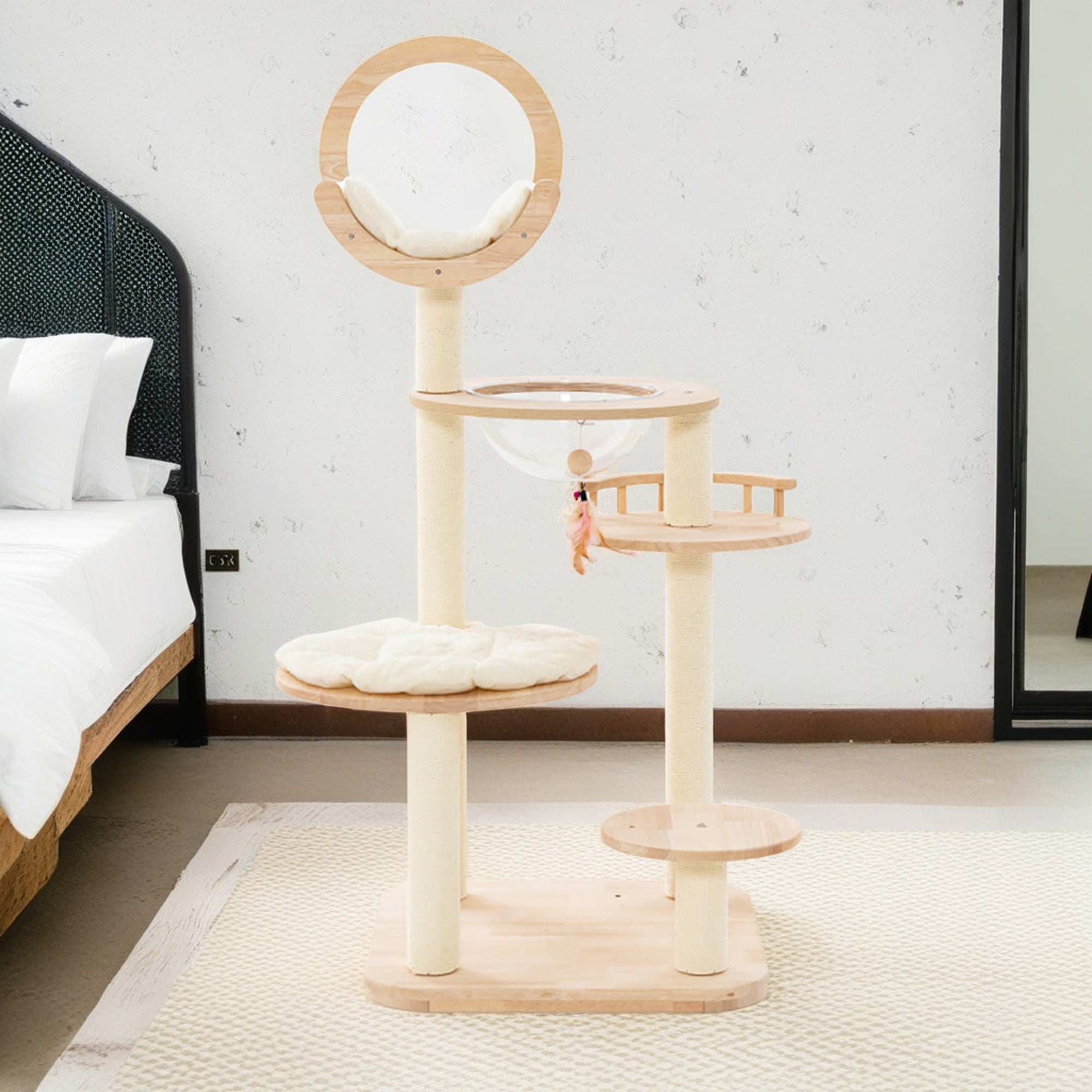 Kadyn 57" Modern Cat Tree Tower for Indoor Cats, 4-in-1 Large Wood Cat Condo with Scratching Post and Removable Pads for Small Large Cats, Beige