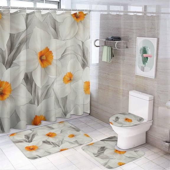 Shower Curtain Sets 4 Piece Bath Mat U-Shaped Floor Mat Toilet Lid Oval Rug Daffodil White And Gray Waterproof Fabric Bath Curtains Botanical Leaves Floral Decorative for Bathroom Decor Sets