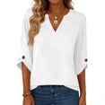 thumbnail image 4 of Womens Dressy 3/4 Sleeve Tops Trendy Cut V Neck Plain Tunic Shirts Cute Casual Solid Color Blouses Spring Summer Outfits White S, 4 of 6