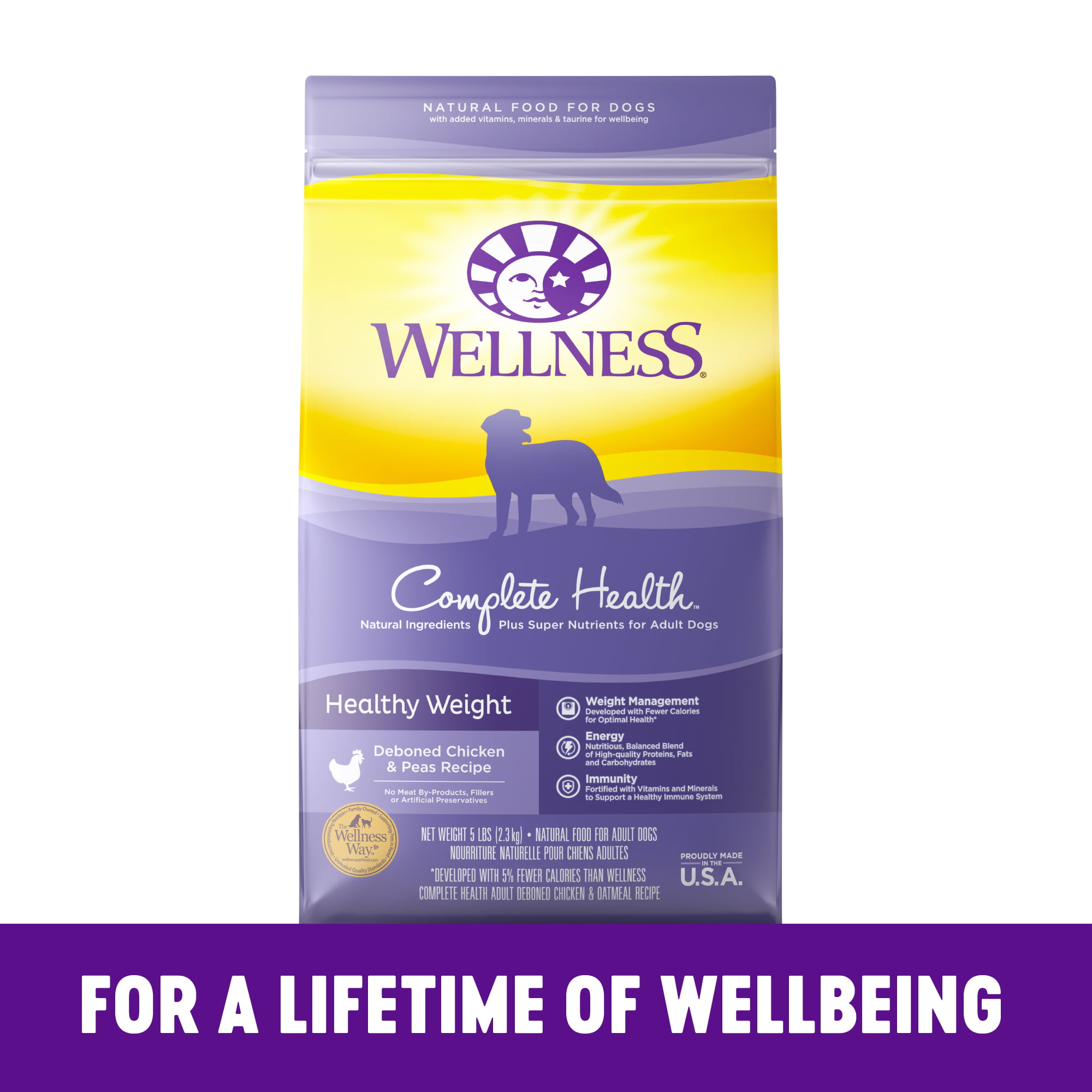 Wellness Complete Health Natural Dry Healthy Weight Dog Food, Chicken &  Peas, 5-Pound Bag 