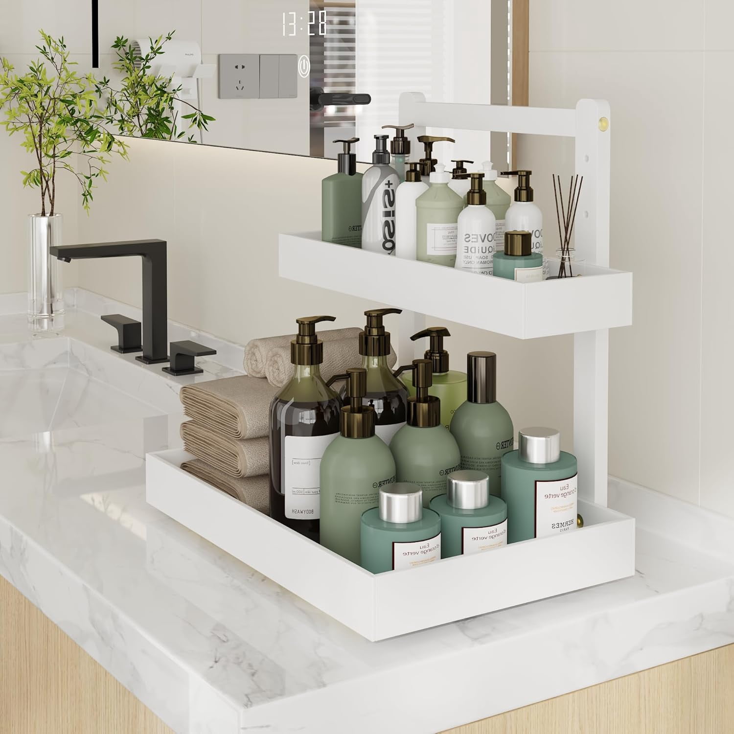 Bamboo Under Sink Organizer and Storage, 2 Tier Pull Out Cabinet Organizer, Slide Out Under Sink Storage Shelf, Undersink Organizers Shelves for Kitchen Bathroom Organization (White, 2 Packs)