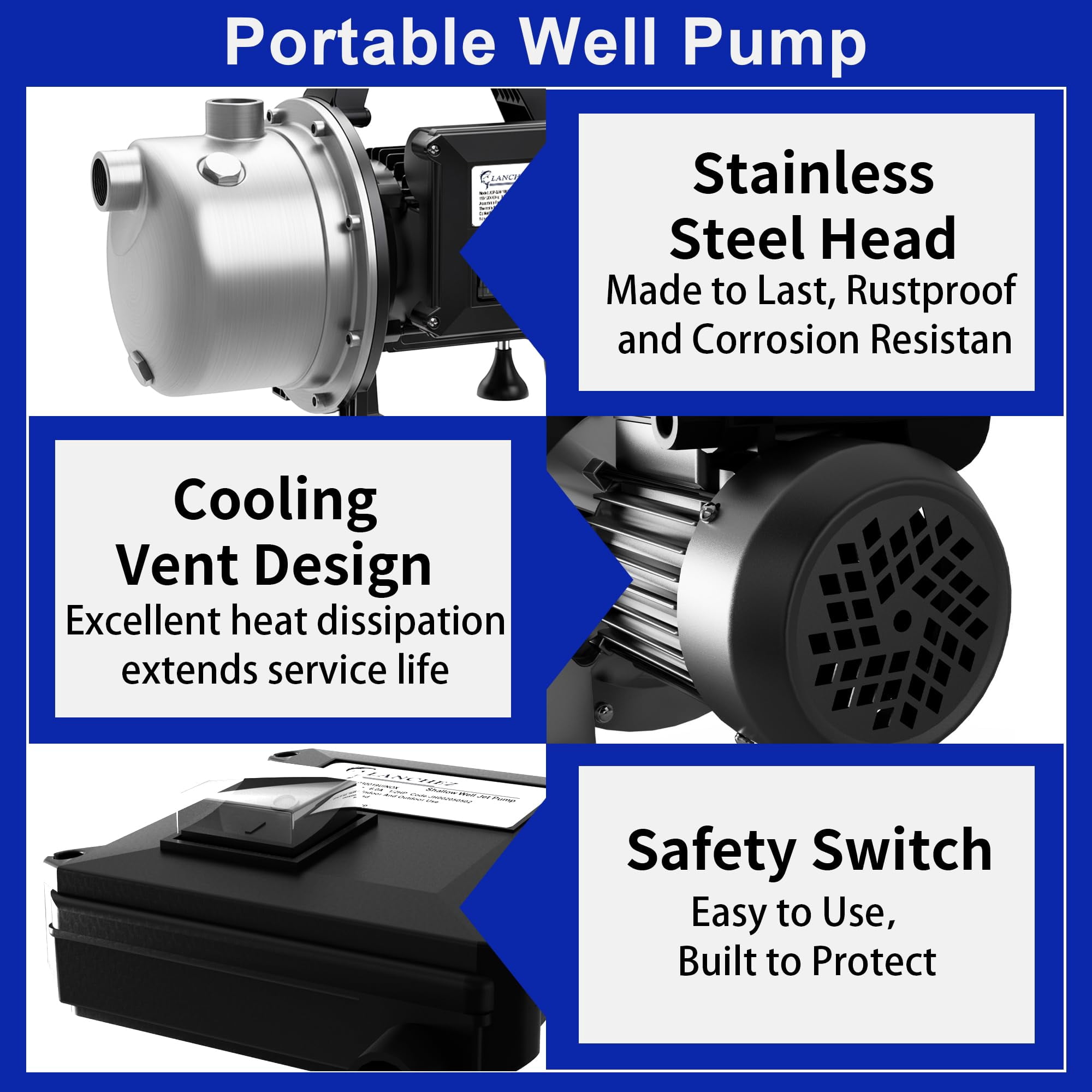 LANCHEZ 1 HP Shallow Well Pump, 115V Stainless Steel Water Transfer Irrigation Booster Jet Pump