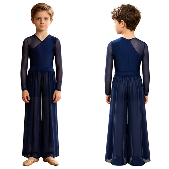 Aislor Boys Lyrical Outfit Long Sleeve V Neck Back Zipper Leotard with Mesh Split Pants Modern Dance Set for Recital Navy Blue 8