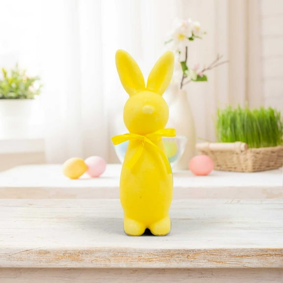 wowotier Easter Flocked Bunnies, Flocking Rabbit Figurines with Bow Ties, Adorable Spring Tabletop Ornaments for Home, Garden Decor, Bunnies Decoration for Easter Celebration (Yellow)