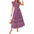 thumbnail image 1 of Vestido PRETTYGARDEN Floral Azul Marino Rojo Midi Cuello en V Talla L Grande, 1 of 6