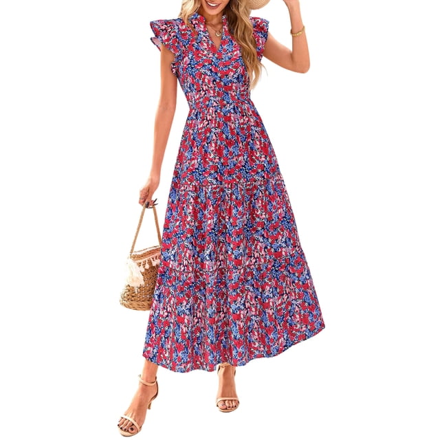 Vestido PRETTYGARDEN Floral Azul Marino Rojo Midi Cuello en V Talla L Grande