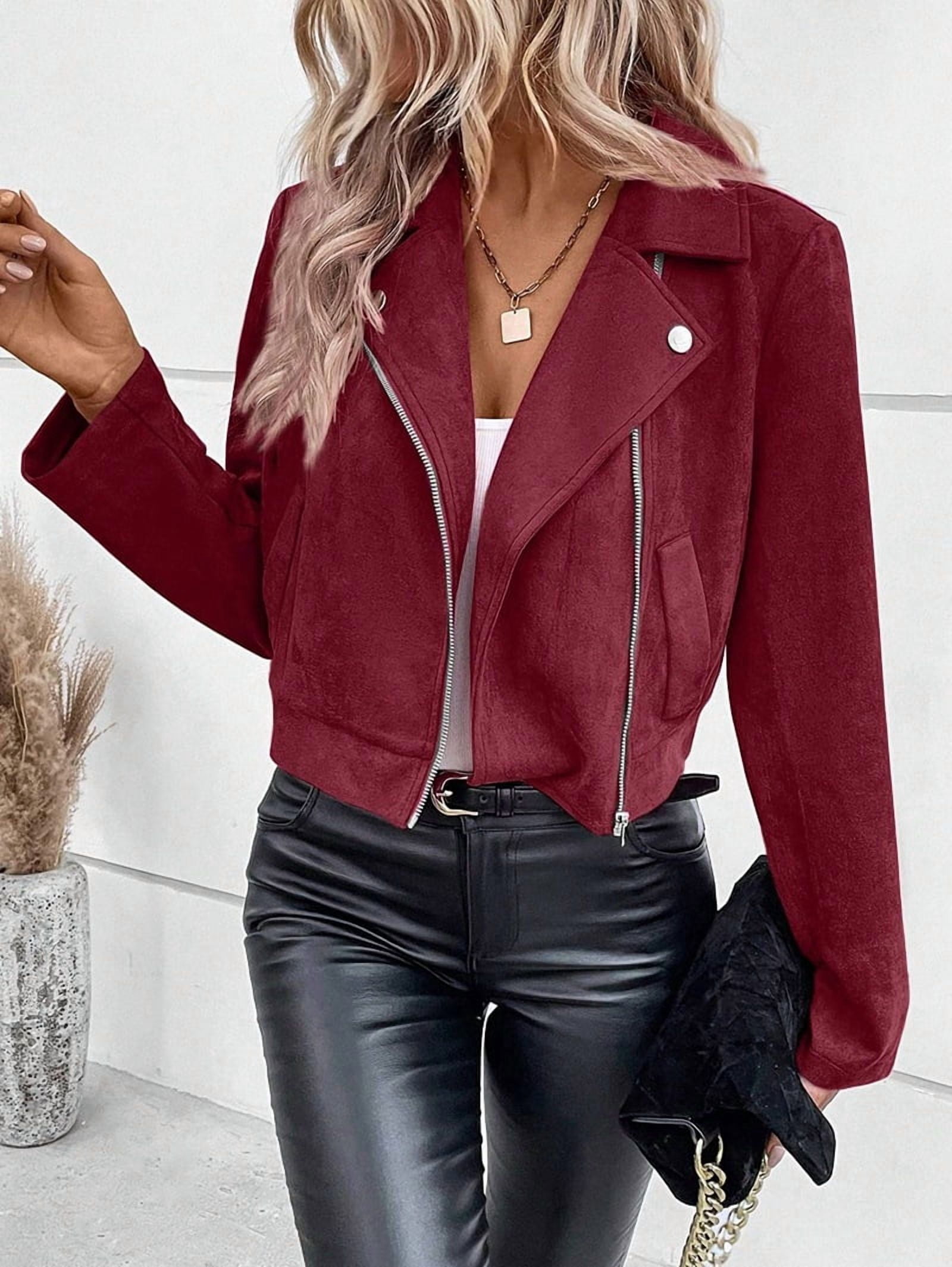Women'S Cropped Zipper Long Sleeve Suede Faux Leather Blazer Jacket Autumn Fashion Outerwear Wine Red L