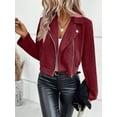 thumbnail image 4 of Women'S Cropped Zipper Long Sleeve Suede Faux Leather Blazer Jacket Autumn Fashion Outerwear Wine Red M, 4 of 7