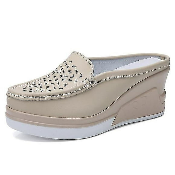 Women's Clogs & Mules Mules Wedge Sandals Platform Sandals Heeled Mules Home Daily Platform Flat Heel Round Toe Leathe-HAPPYGO Newway_G Need:36-Beige (G Need)