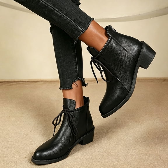 OKBOP Women's Walking Boots Round Toe Lace-Up Foam Cushioning Block Heel Black Stylish Women's Boots Sizes 35