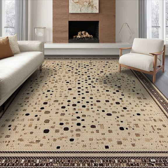 ODIKA 8'x10' Washable Area Rug Spotted Tricolor Patchwork Bordered Mosaic Field Abstract Inspired for Dining Room, Large Office, Lounge, Non-Slip Chair-Friendly Mat