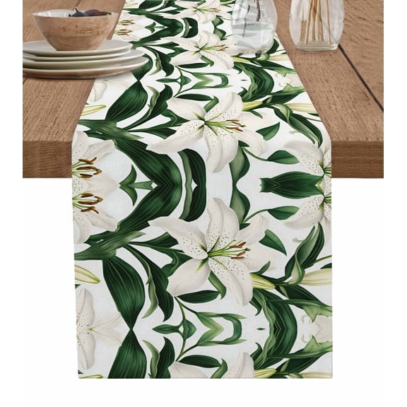 ERUNPONLY Lily Flower Table Runner - 48 Inch Long Nature Botanical Garden Florals Watercolor Cotton and Linen Blended Dress Scarves Farmhouse Table Runner for Kitchen Dining, Coffee Table, 13" x 48"