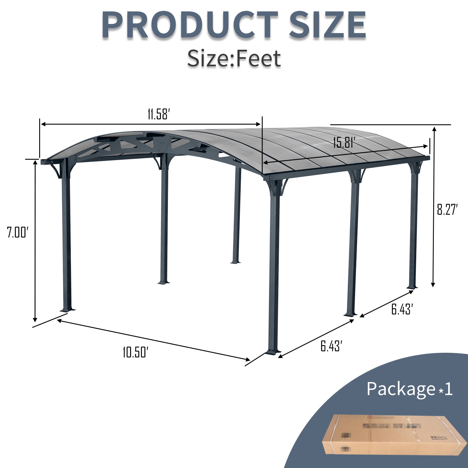 taoruifang 12x16 FT Arch Carport Aluminum Frame Polycarbonate Panels Outdoor Canopy Heavy Duty for Driveway Car Truck Black