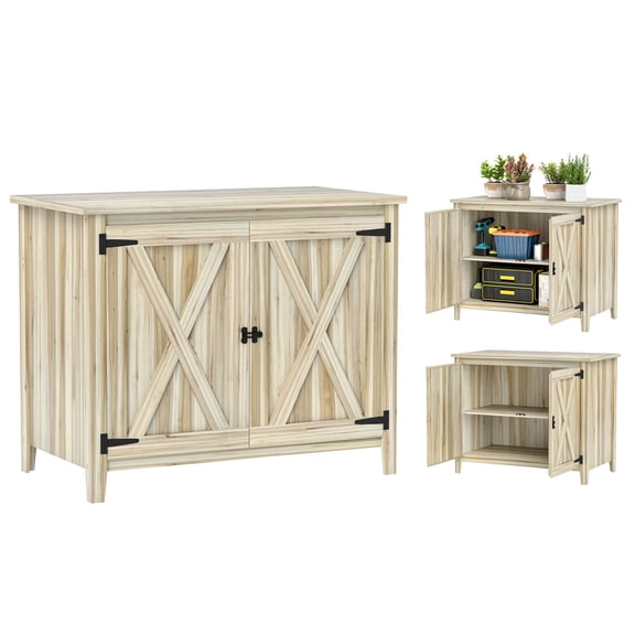 Dranite Natural Wood Outdoor Storage Cabinet, Garden Shed with Shelf & Double Doors