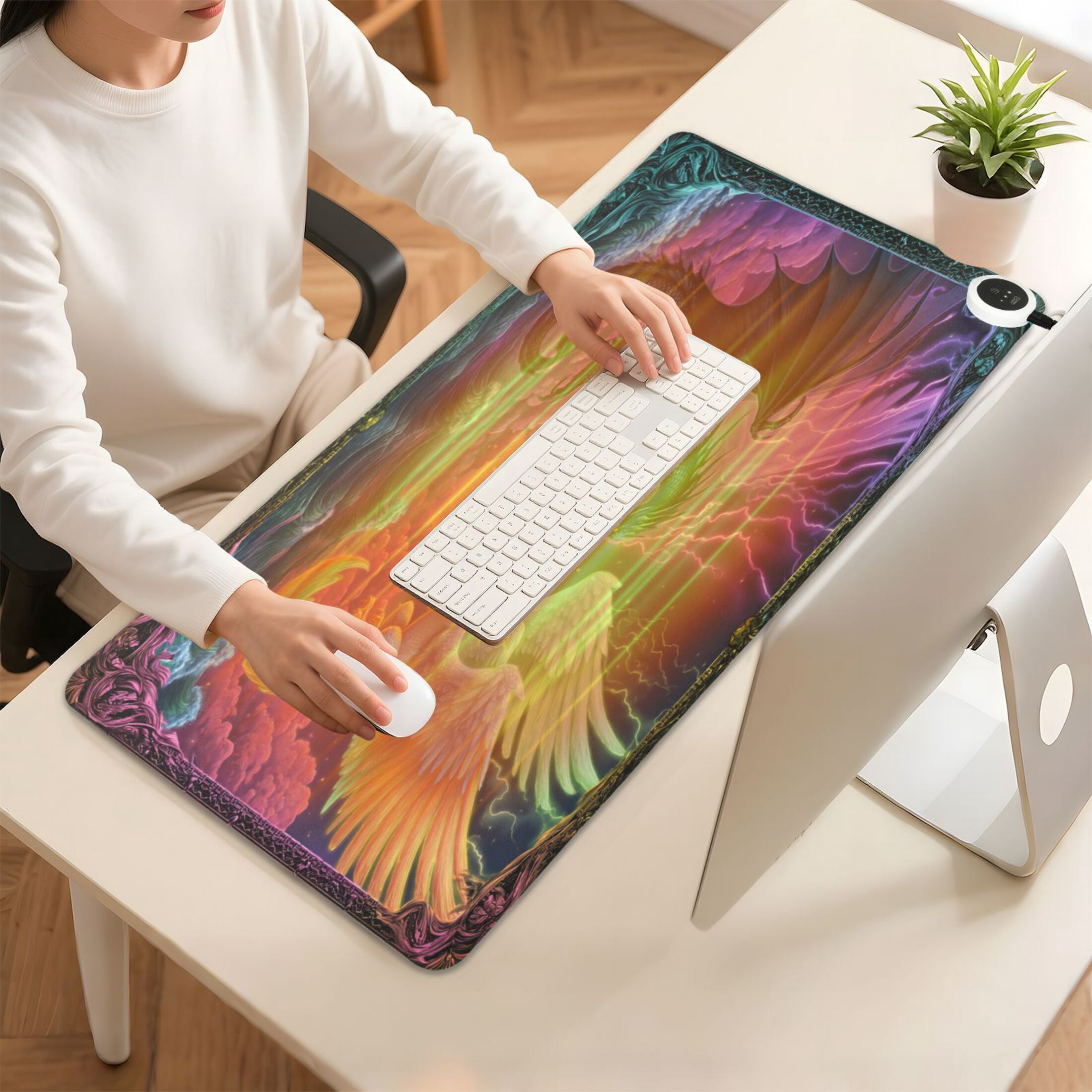 Large Heated Desk Mat Mouse Pad 31.5"x13"PU Leather Graphene Heating Desk Warmer with 3 Temperature Settings 110V US Plug Non-Slip Warm Pad for Home, Office, and Gaming Magic Dragon Game Card