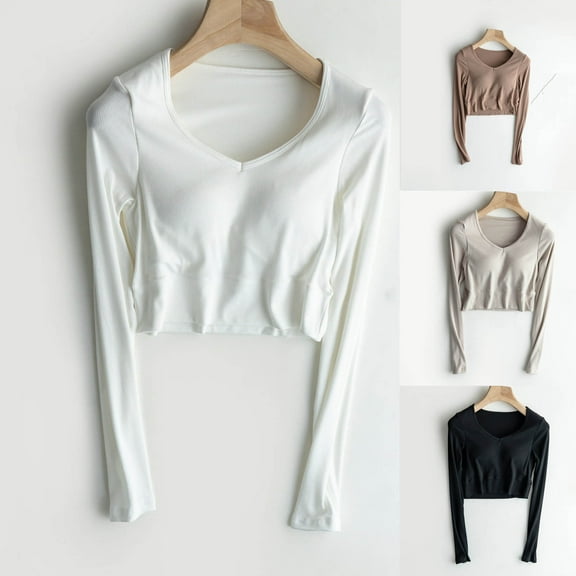 ATOYSOY Casual Stretch Slim Padded Basic Shirts for Women Solid Color Tops Long Sleeve Tees Trendy V Neck Pullovers Outwear Fall Beige L