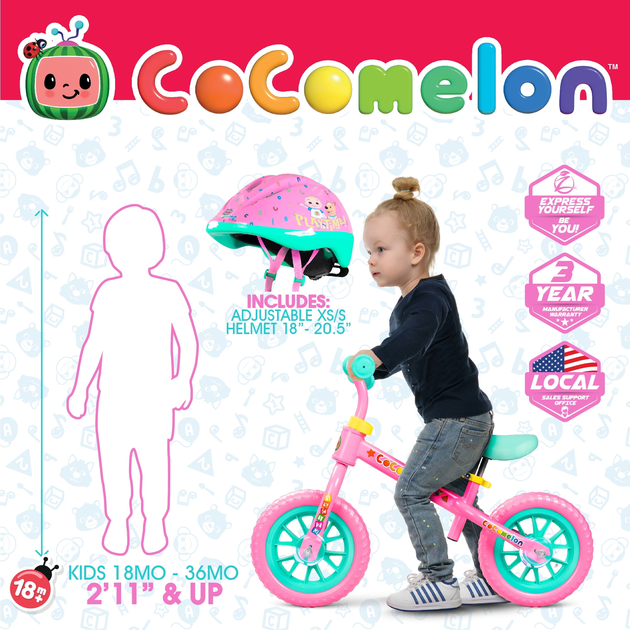 Cocomelon Toddlers Balance Bike Adjustable Helmet Light-up 10" Wheels Lightweight Trainer Pink