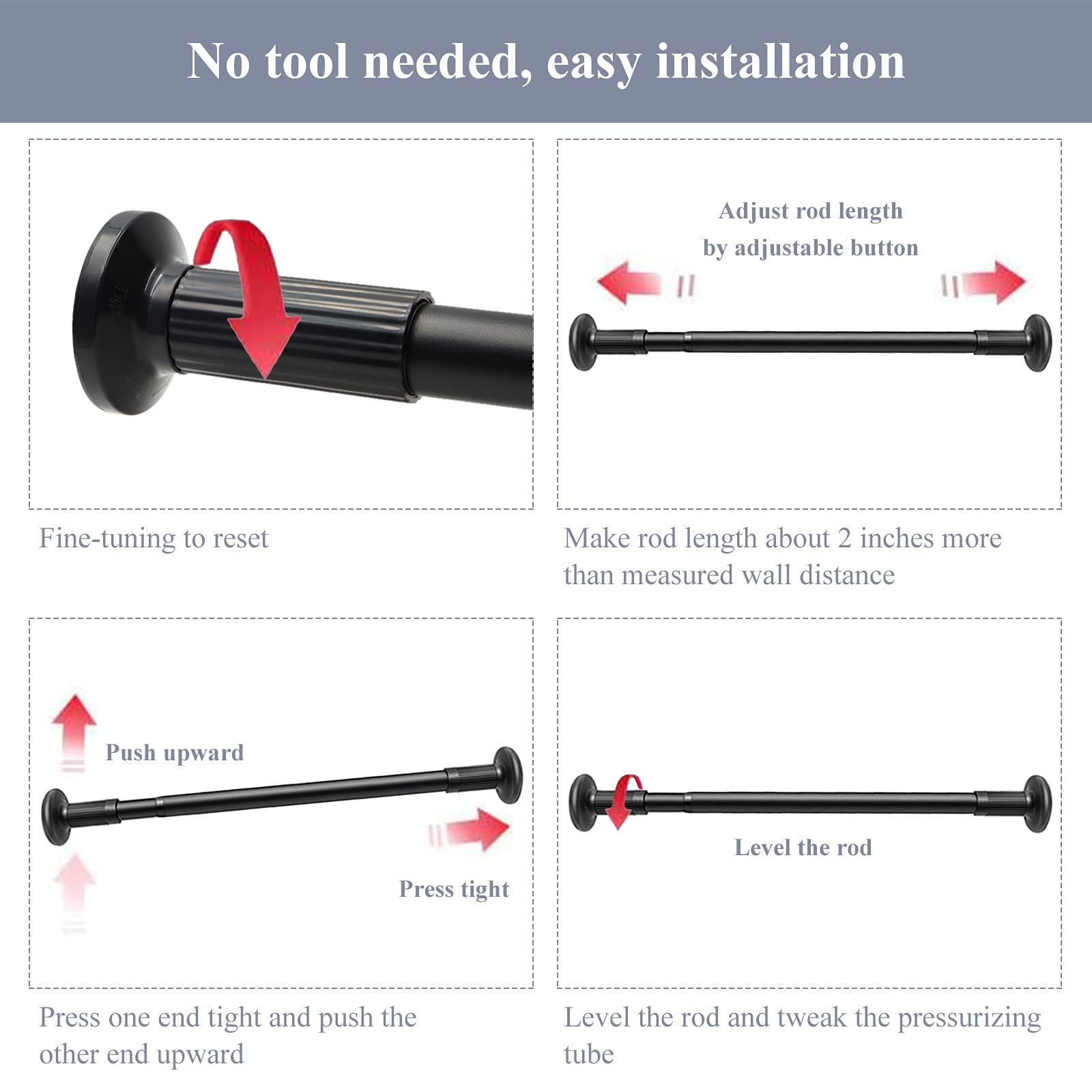 SPOKKI Tension Curtain Rod, 51-128 Inches Adjustable Closet Tension Rod Rust-free No Drilling Shower Curtain Rod, Anti-slip Spring Steel Rod for Bathroom Black