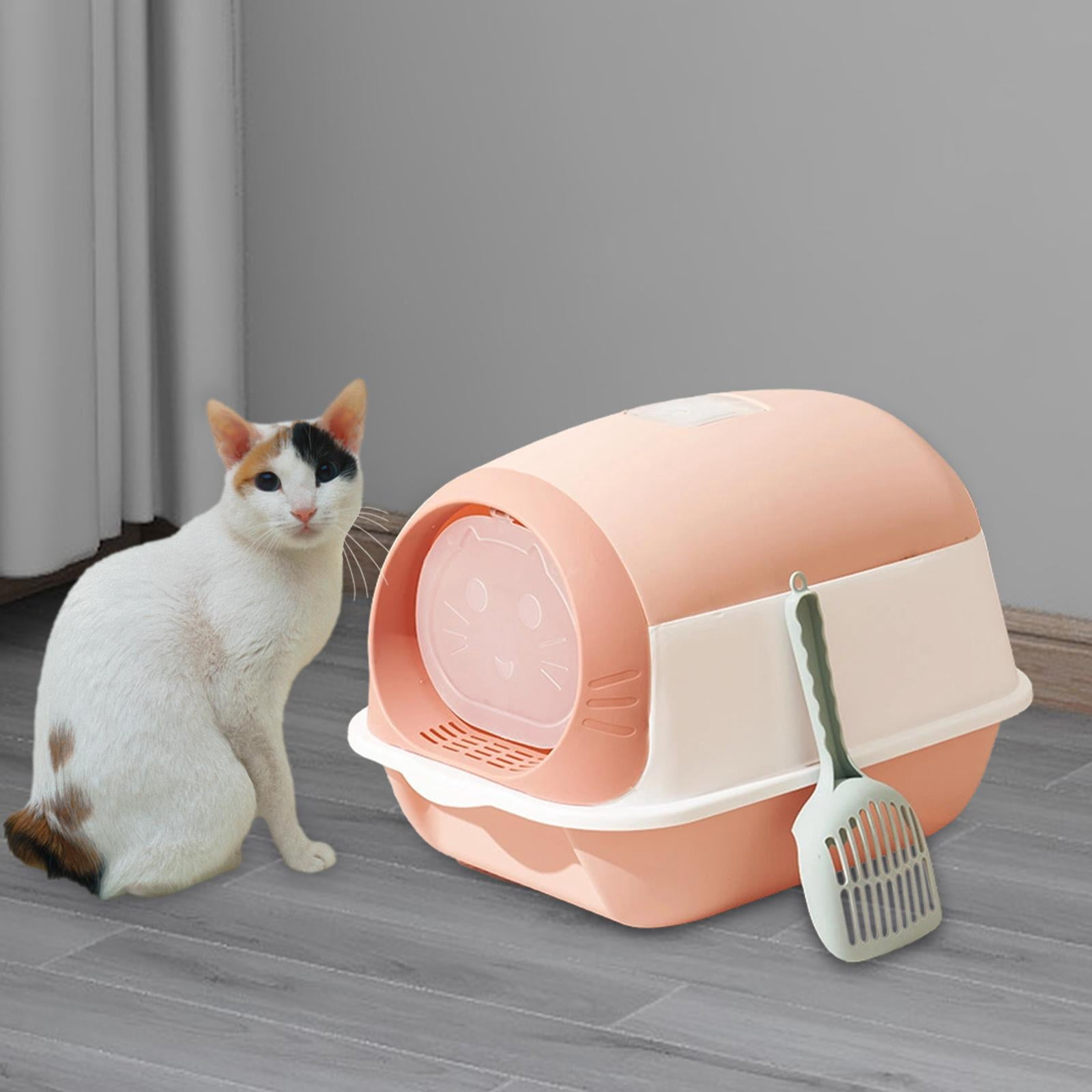 Bvdfgk Enclosed Cat Toilet for Indoor Cats, Hooded Cat Litter Box with Front Door Kitty Pink White