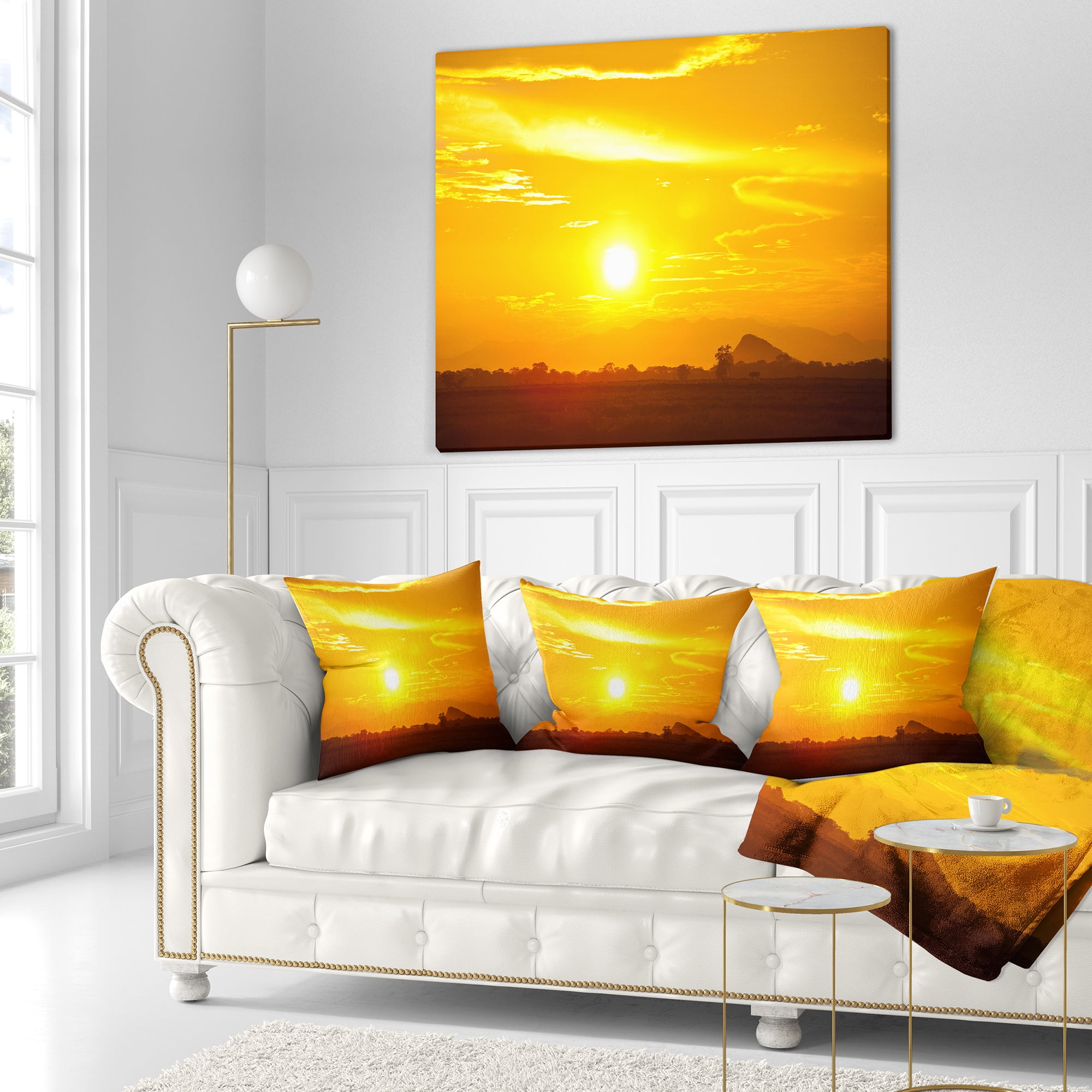 Designart Bright Yellow Sky At Sri Lanka Sunset - African Landscape Printed Throw Pillow - 18x18
