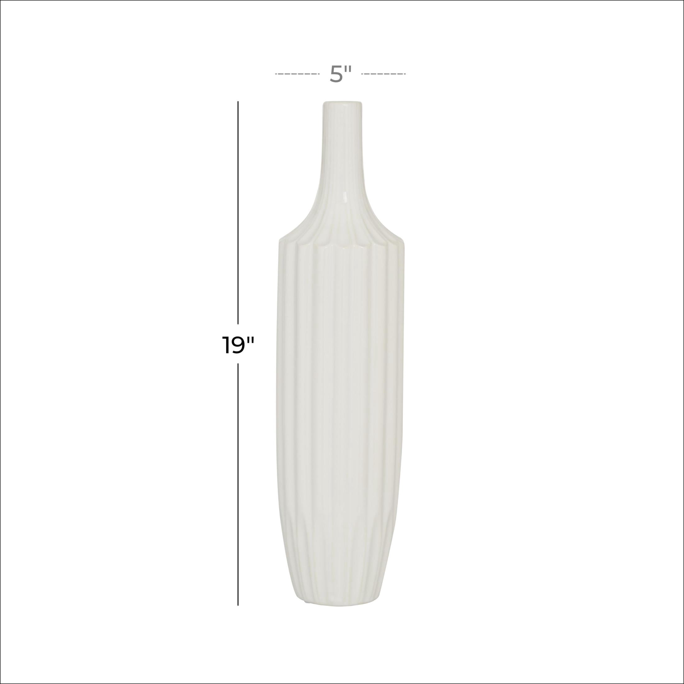 DecMode Modern Ceramic Tall White Decorative Vase with Vertical Groove Pattern 5"W x 19"H