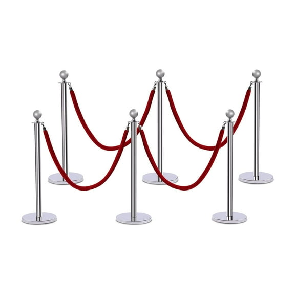 Stanchion Post, 6 Pcs Stainless Steel Stanchion Poles, Red 5ft Velvet Ropes and Silver Posts, Crowd Control Ropes and Poles, Carpet Ropes and Poles for Theaters, Museums, Restaurants, Hotels
