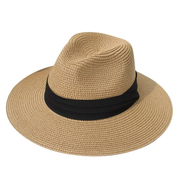 DRESHOW Sombrero panamá de paja para mujer, sombrero de viaje Fedora para playa, sombrero para el sol, sombrero enrollable de paja de ala ancha UPF 50+