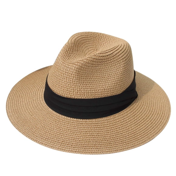 DRESHOW Sombrero panamá de paja para mujer, sombrero de viaje Fedora para playa, sombrero para el sol, sombrero enrollable de paja de ala ancha UPF 50+
